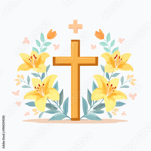 Religious golden cross illustration with yellow lily flowers and butterflies for easter celebration and hope message