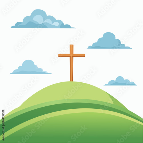 Symbolic wooden cross on green hill with blue clouds vector illustration for christian faith and easter themes