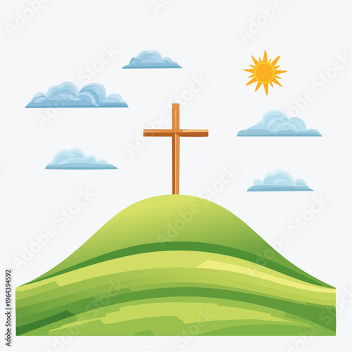 Christian cross on green hill under blue sky with clouds and sun for religious easter and spiritual faith concepts