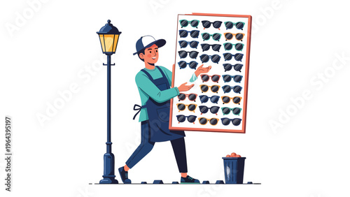 Sunglasses Vendor's Showcase: A vibrant scene captures a street vendor showcasing an array of stylish sunglasses, offering a glimpse into fashion and entrepreneurial spirit.