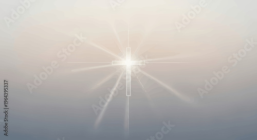 glowing cross symbol shining bright light beam on gray background for christian faith and spirituality design