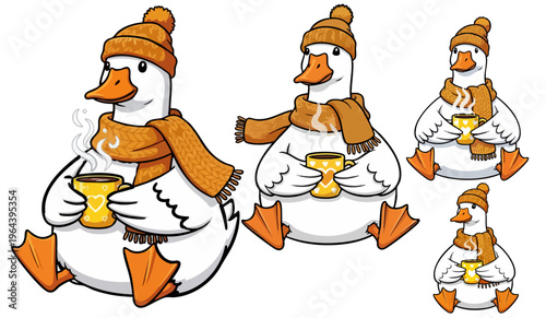 Cute cartoon white duck wearing orange winter hat and scarf, cozy waterfowl holding steaming coffee mug, autumn bird character vector set