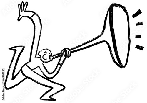 A sketchy character of a man blowing into a trumpet