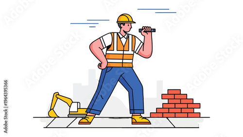 Construction Worker: A construction worker confidently holds a brick in front of a brick wall and a small excavator, embodying the strength and dedication of the construction trade.