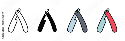 Classic straight razor for professional barber shop and traditional shaving icon set. Sharp blade tool for grooming and facial hair care symbol. Vector Illustration.