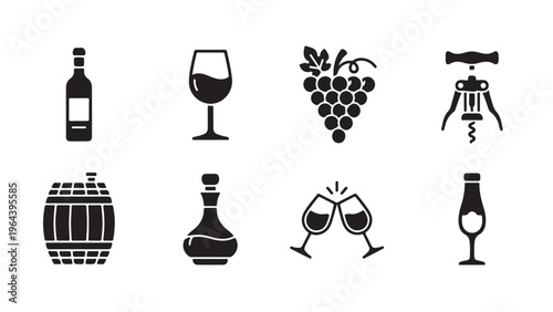 Wine and winery glyph icon set for viticulture, tasting, cellar experience, and premium beverage hospitality design