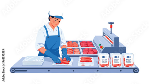 Quality Assurance: A diligent worker in a food processing plant meticulously packages freshly prepared product with care, adhering to the highest standards of safety and quality control.