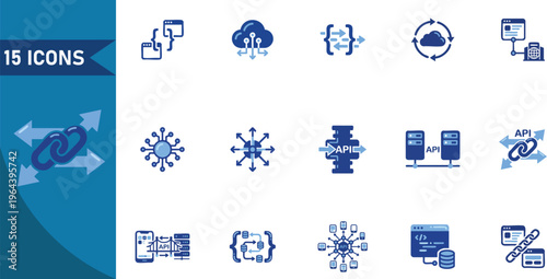 Blue technology, software, and internet icons set, 15 vector graphics