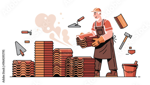 Builder's Craft: A construction worker skillfully arranges tiles, showcasing his expertise in the art of building