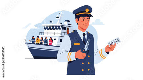Ticket Inspector on Ferry: A maritime officer, dressed in a formal uniform, holds a ticket, overseeing passengers embarking a passenger ferry. Capturing the essence of maritime transport and service.