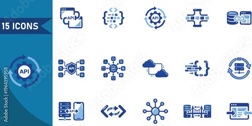Blue technology icons set, 15 computer symbols, web and mobile app elements, digital graphics collection