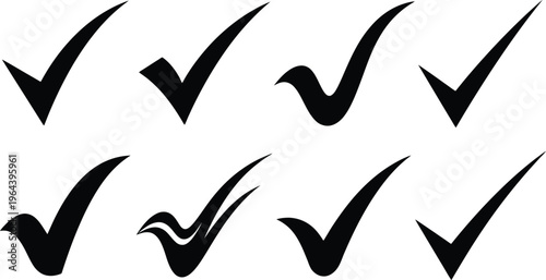 Eight black check mark icons with varied styles and curves on a white background tick symbol