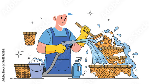 Diligent Maintenance: A conscientious individual, adorned in gloves, meticulously cleans a series of woven baskets with water hose and brush.