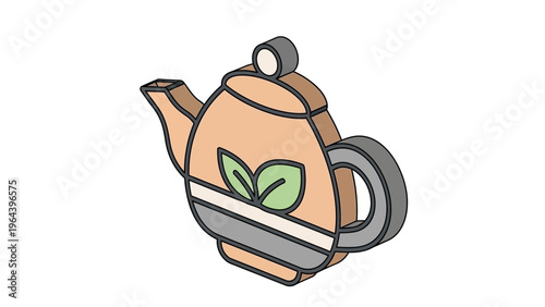 Hand drawn vector illustration of a cartoon snake enjoying a hot breakfast drink in a vintage kitchen with a brown ceramic teapot.