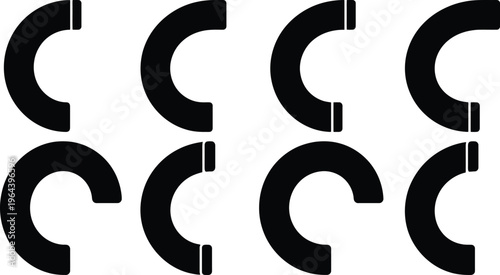 Eight Black Crescent Shapes with Small Rectangular Inserts Arranged in Two Rows curve geometric