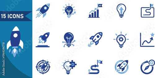 Business icons, startup symbols, 15 blue vector graphics, entrepreneurship signs