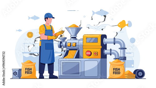 Fish Feed Processing: A diligent worker operates advanced machinery, expertly transforming raw ingredients into nutritious fish feed, while maintaining the highest standards of quality.