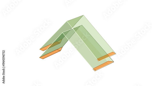 A creative design of the 2 L shape glass pieces made of green color racks sits on an office desk near a notebook, laptop, and school equipment.