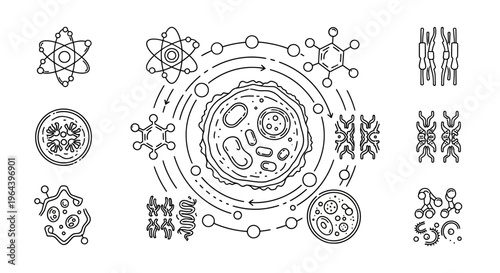 Black and white molecular science symbols.