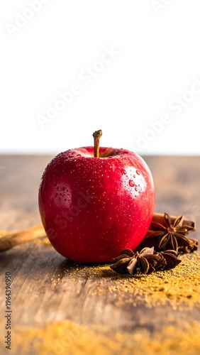 Red Apple with Spices on Wooden Surface - A Festive Still Life.