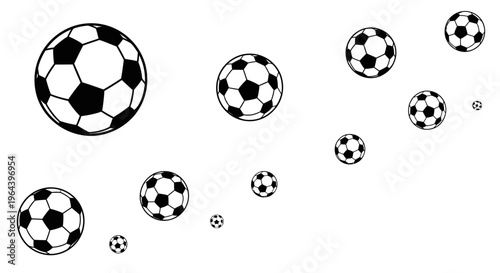 Black and white soccer balls floating.