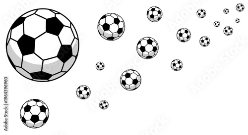 Black and white soccer balls floating.