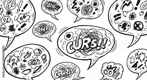 Black and white speech bubbles with curses.