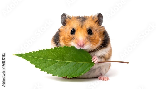 A cute, fluffy rodent with brown and white fur, holds a vibrant green leaf, isolated on a white background. It gazes at the viewer