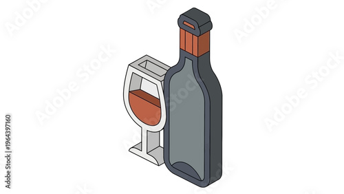 An isolated red wine bottle and glass with a blank label and cork rest on a transparent background, reflecting a sleek beverage object perfect for a winery or restaurant bar.
