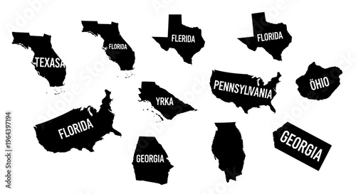 Black silhouettes of American states map.