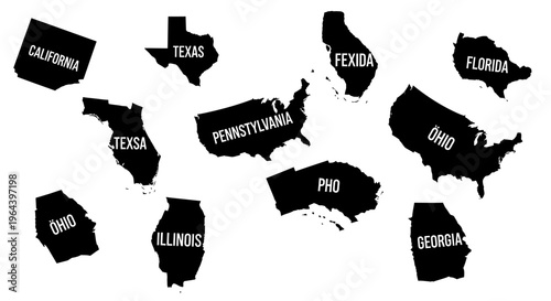 Black silhouettes of USA states map.