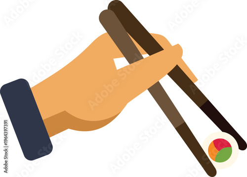 Hand using chopsticks picking up a colorful sushi roll, flat design icon