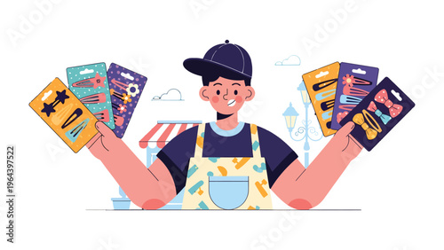 Hair Accessory Vendor: A friendly vendor showcases a vibrant array of hair accessories. A portrait of cheerful merchant surrounded by colorful hair clips, barrettes, and bows for sale. 