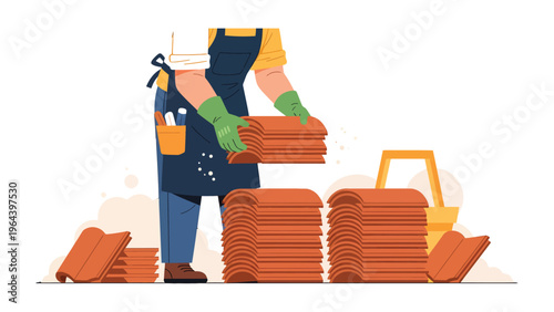 Roofing Installation: A skilled tradesperson expertly handles roof tiles, illustrating the process of building a secure and durable roof. 