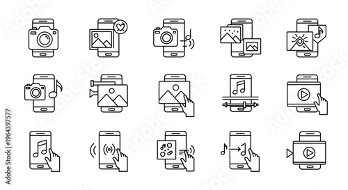 Camera and smartphone icons with multimedia.