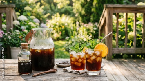 A cold brew coffee setup on a wooden deck in morning sun, a large glass carafe of dark brew with ice and coffee concentrate beside it, fresh mint sprigs and a slice of orange as garnish, the deck