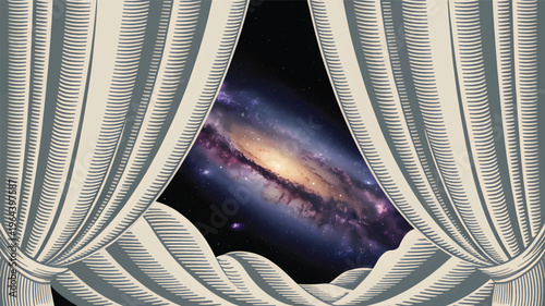 Beige curtains reveal a colorful galaxy in a starry night sky, space stars, and nebulae in the cosmos