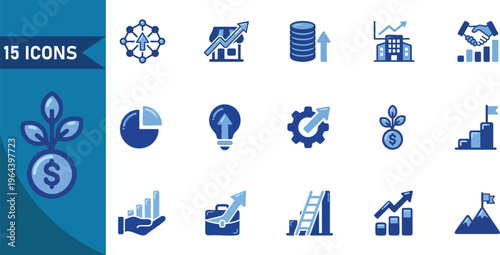Business icons, finance symbols, 15 vector graphics, blue color scheme, commercial illustrations