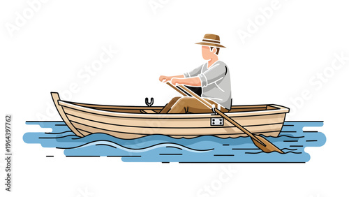 Serene Rowing Adventure: A lone individual navigates a wooden boat, gliding gracefully through tranquil waters, the oars creating gentle ripples and reflecting the charm of a relaxing aquatic journey.