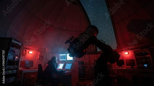 Night view inside a professional observatory dome, the telescope barrel aimed at a precise angle while the dome slit reveals a strip of star-filled sky above, the equipment bathed in dim red safety