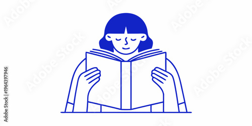 A woman with dark hair intently reading an open book in blue outline