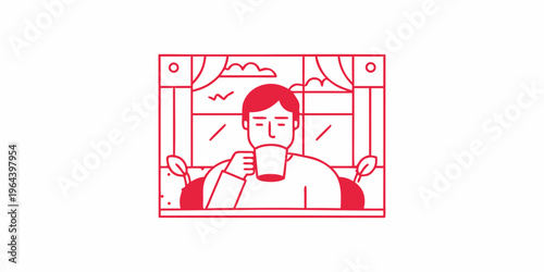 A person drinks from a mug while looking out a window
