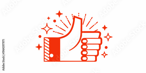 A red hand giving a thumbs up surrounded by sparkling starbursts