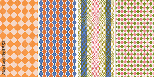 A colorful collection of diamond and harlequin patterned fabric swatches