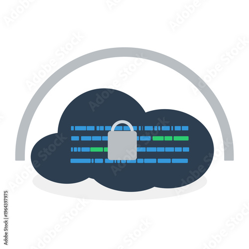 Secure cloud data storage icon. Cyber security concept. Cloud with padlock and abstract data code lines. Cloud computing security, online data protection, privacy and encrypted hosting services.Vector