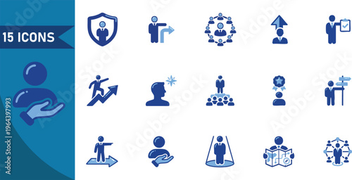 Business icons, corporate symbols, workflow signs, office illustrations, 15 piece set