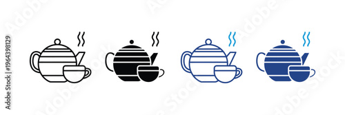 Ceramic teapot with hot tea cup for breakfast and afternoon beverage icon set. Traditional kitchenware for boiling water and brewing herbal drink symbol. Vector Illustration.