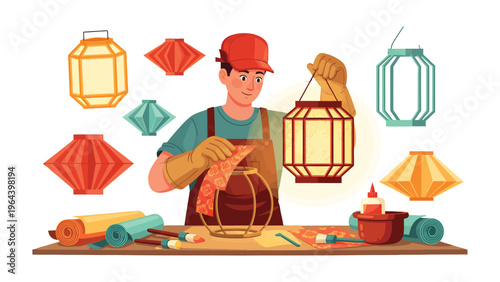 Artisan Crafting Lanterns: An artisan meticulously crafts a paper lantern, embodying cultural heritage and creativity. Witness the dedication and skill of the artisan at work.