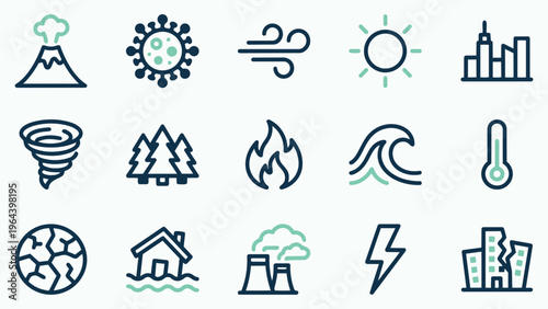 Environmental and Climate Change Icons. Vector illustrations of natural phenomena, disasters, and environmental issues.