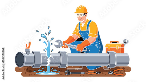 Plumber fixing Water Pipe Leak: A skilled plumber uses a wrench to mend a burst water pipe, diligently working to halt the water flow and restore functionality.
